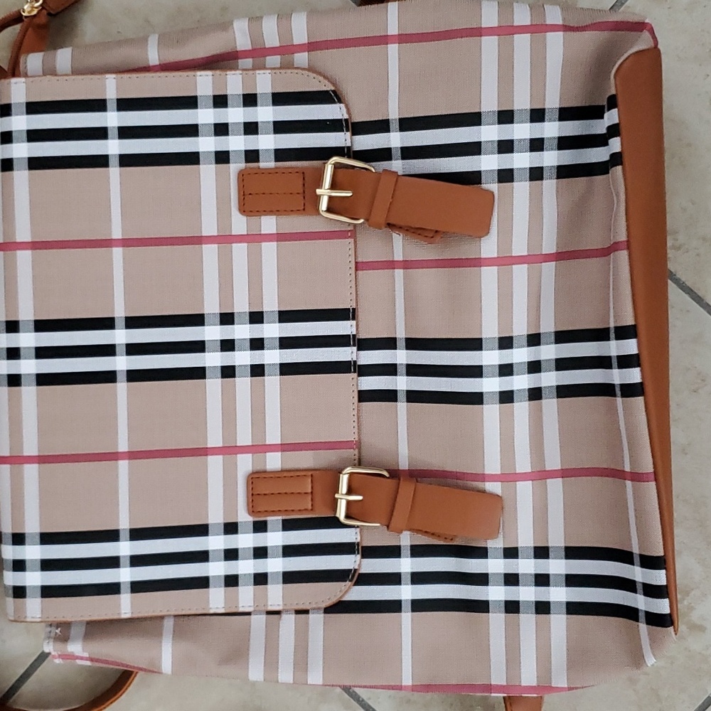 Limited Ed. Loulu Pink Beige Black White Plaid Backpack Bag - Picture 3 of 13
